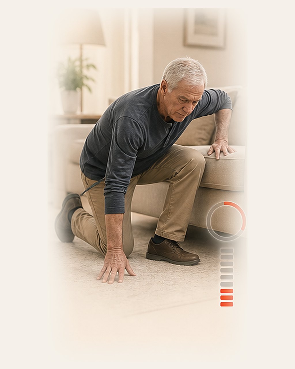 An older man on one knee pushing himself up from the floor with a hand on a sofa, with an illustrative effort indicator beside him.